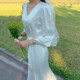 Korean chic temperament elegant smog blue thin V-neck loose tie waist fishtail dress long skirt female