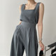 Korean chic niche square collar exposed collarbone loose vest top + high waist pleated wide leg casual trousers suit