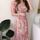 Korean chic early spring niche elegant square neck ink flower print waist slim puff sleeve pleated dress