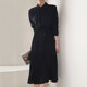 Korean chic minimalist temperament stand-up collar single-breasted button slim waist long section knee-length pleated dress women