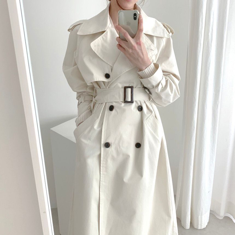Whitethe republic of korea chic Minimalism doctrine   Light cooked Big lapel double-breasted belt Show thin Straight tube Medium and long term Windbreaker loose coat