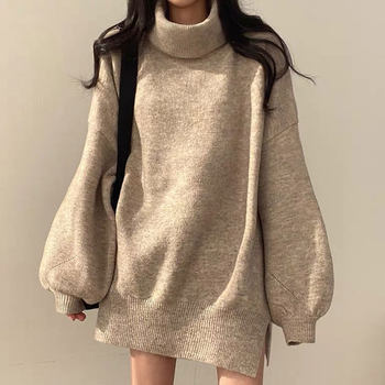 Korean chic high neck lantern sleeve side slit sweater