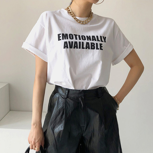 Korean chic summer simple casual round neck letter printing design loose all-match pullover short-sleeved T-shirt women