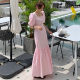 Korean chic French temperament square collar exposed collarbone waist slimming knee length puff sleeve fishtail dress female