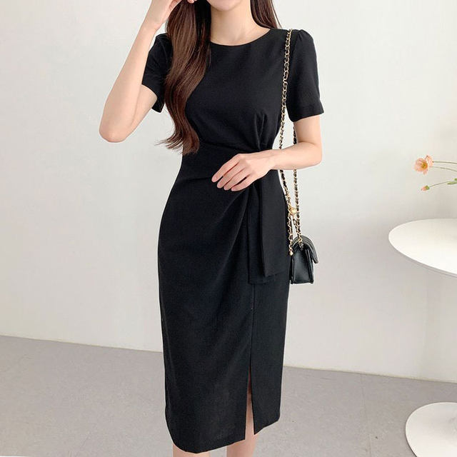 Korean chic summer retro niche round neck twist tie waist puff sleeve side slit bag hip dress female