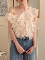 Korean chic summer niche design diagonal collar off-shoulder splicing irregular ruffled short pleated shirt for women