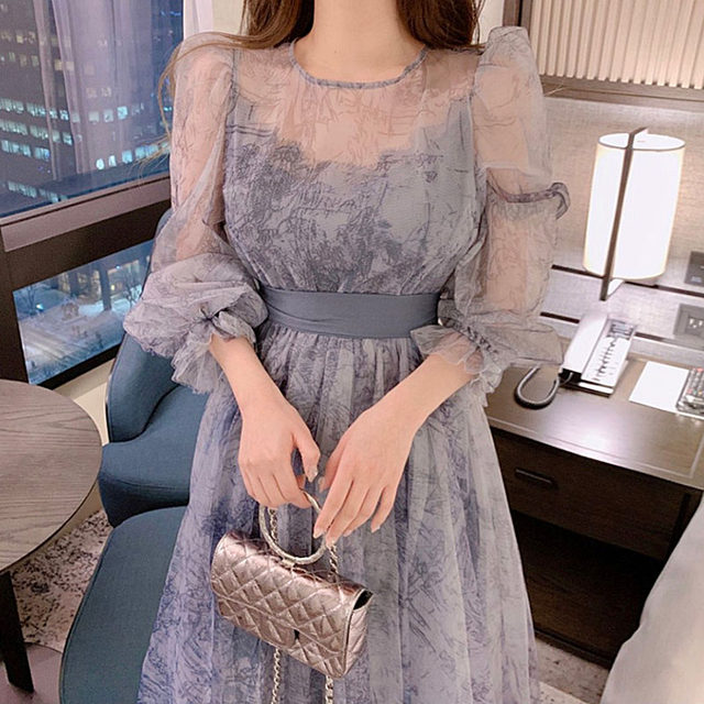 Korean chic early spring sweet and age-reducing round neck slightly permeable ink puff sleeves waist slimming mesh dress female