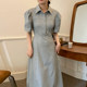 Korean chic summer French niche lapel waist slimming puff sleeves small A-line dress skirt female