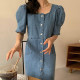 Korean chic spring retro slim square collar single-breasted loose double-pocket puff sleeve denim dress women