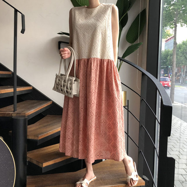 Korean chic summer retro round neck lace hook flower contrast color stitching design loose long vest dress women