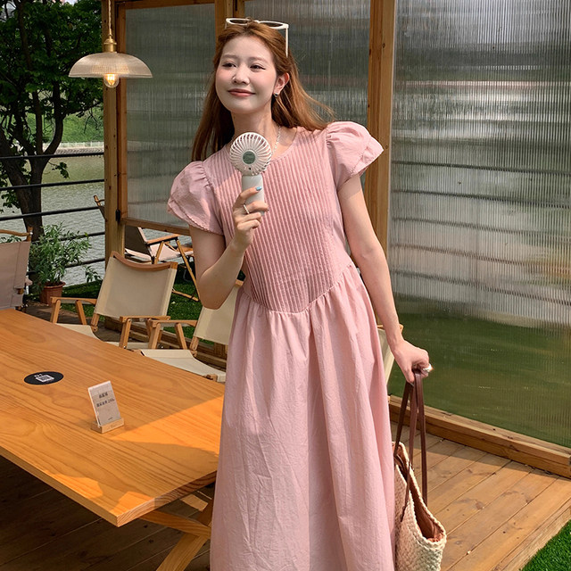 Korean chic spring and summer sweet age-reducing round neck pleated design waist slimming long flying sleeve dress for women