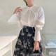 Korean chic temperament pleated large lapel single-breasted flared sleeve shirt + high waist printed skirt long skirt women