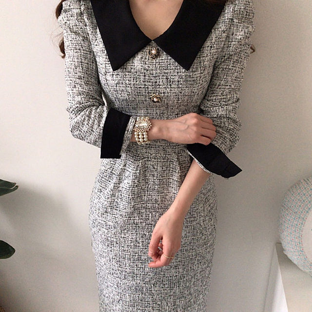 Liangliangjia retro temperament contrasting color lapel pleated lace waist thin and thick long tweed dress women