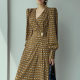 South Korea Dongdaemun cross V-neck chic one button waist geometric print lantern sleeve dress long skirt