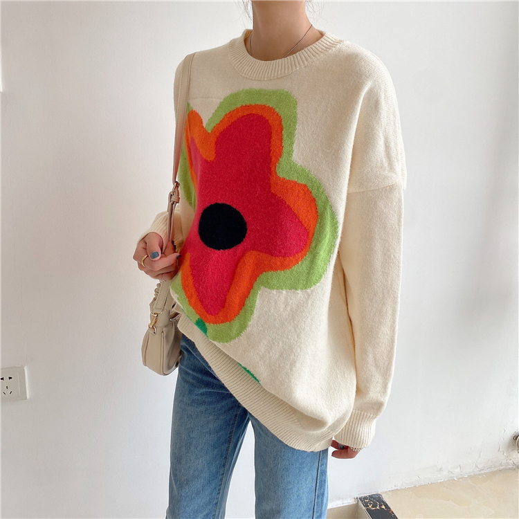 Round Neck Long-Sleeved Pullover Large Flowers Loose Sweater NSSX73207