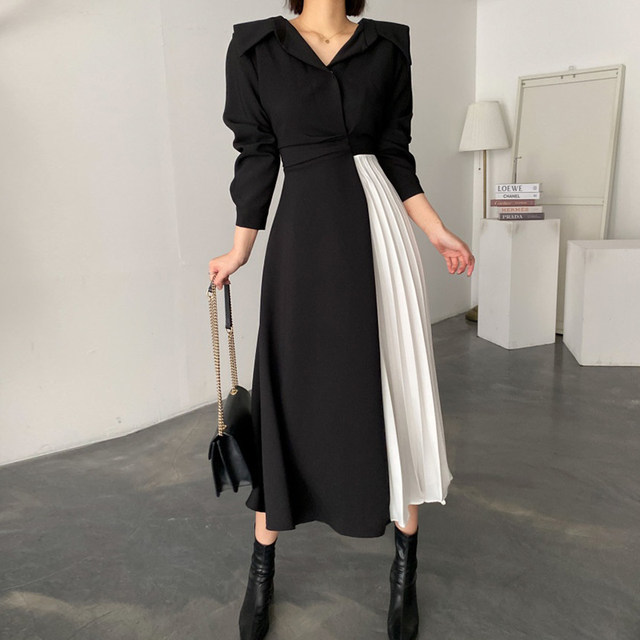 Korean chic spring retro elegant lapel color contrast stitching pleated design waist slimming long-sleeved dress female