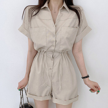 Korean chic summer retro lapel single-breasted large pocket drawstring waist short-sleeved casual jumpsuit shorts women