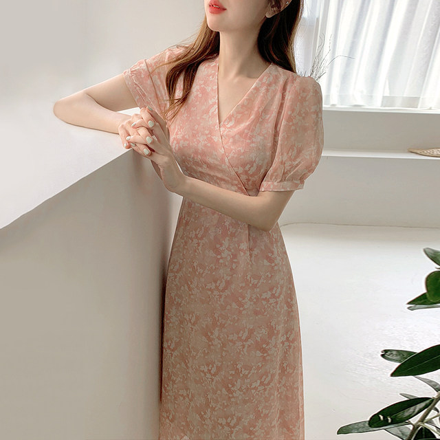 Korean chi gentle and elegant cross V-neck flower color blooming design waist slimming puff sleeve chiffon dress for women