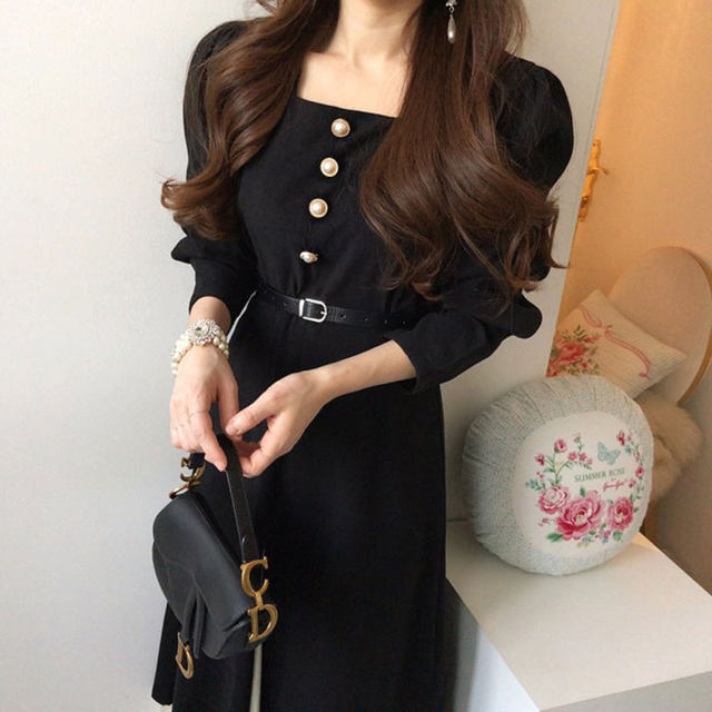 Korean chic autumn new retro square collar exposed collarbone contrast stitching fake two-piece dress with belt for women