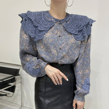 Korean chic autumn retro full screen broken flower big lapel lace hollow hook flower loose long-sleeved shirt top women