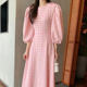 Korean chic autumn and winter temperament small fragrance round neck houndstooth print waist slim puff sleeves large swing dress