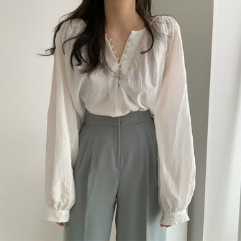 Korean chic summer niche simple round neck shell button thin air-conditioned shirt loose all-match long-sleeved shirt women