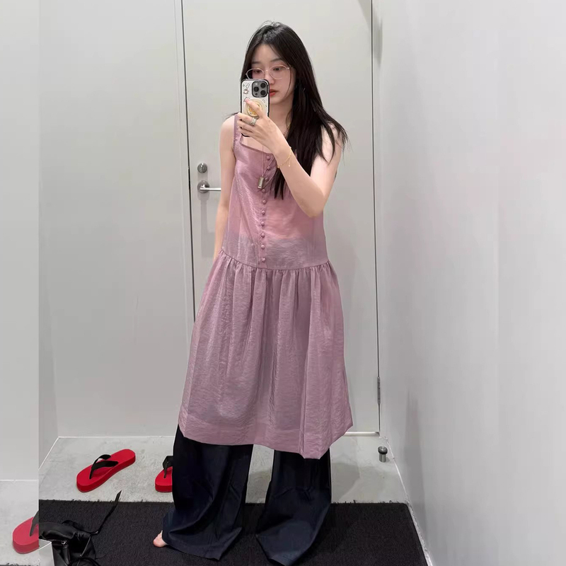 Liangliang's Gentle Style Purple Button-Up Spaghetti Strap Dress for Women, New Summer Model, Age-Reducing Square Neck Straight Dress, Mid-Length Dress