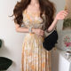 Korean chic early spring niche elegant square neck ink flower print waist slim puff sleeve pleated dress