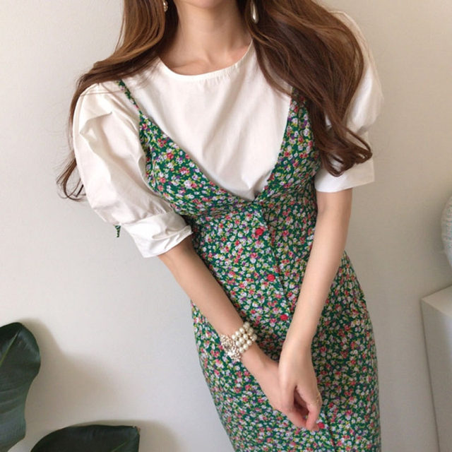 Korean chic spring wild round neck loose puff sleeve shirt + slim long floral suspender dress female