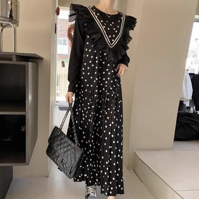 Korean chic spring and summer style retro fungus-edged loose long pleated polka-dot vest dress for women