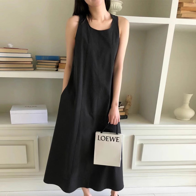 Korean chic summer simple temperament back cross design pocket loose casual sleeveless vest dress for women