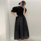 Korean chic French retro temperament stand-up collar pleated waist slimming design puff sleeve long dress women