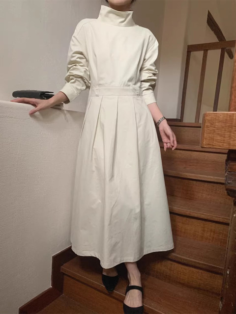 Korean chic spring niche retro high collar solid color splicing high waist slim long sleeve pleated dress long skirt for women