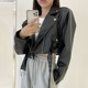 Korean chic ຕົ້ນດູໃບໄມ້ລົ່ນແບບຮ່ອງກົງແບບ retro suit collar ກະເປົ໋າໃຫຍ່ lace-up ແອວສັ້ນລົດຈັກ PU jacket ຫນັງສໍາລັບແມ່ຍິງ