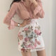 Korean chic elegant pink lapel perspective long-sleeved shirt + high waist A-shaped small floral skirt short skirt women