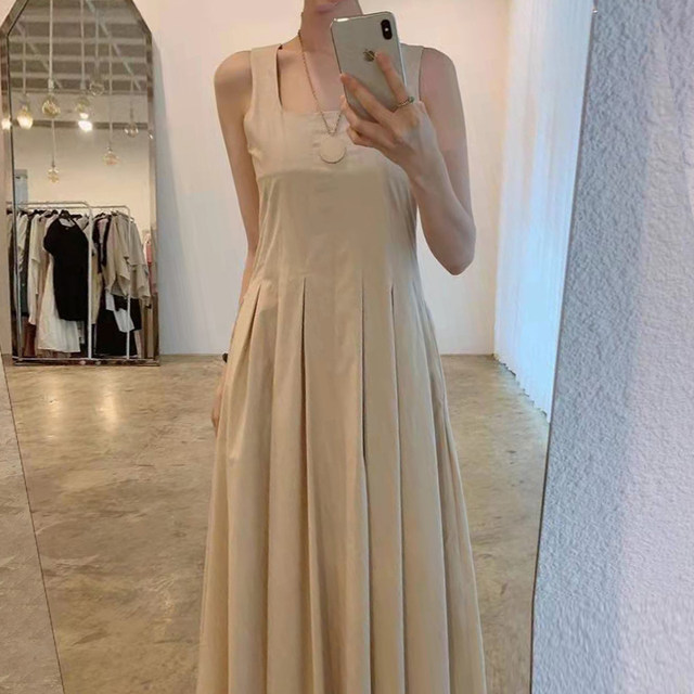 Korean chic elegant temperament simple square collar exposed collarbone waist slimming sleeveless pleated long dress for women