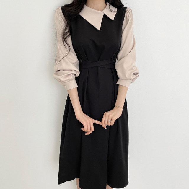 Korean chic early autumn temperament elegant irregular lapel contrast color stitching tie waist puff sleeve dress female