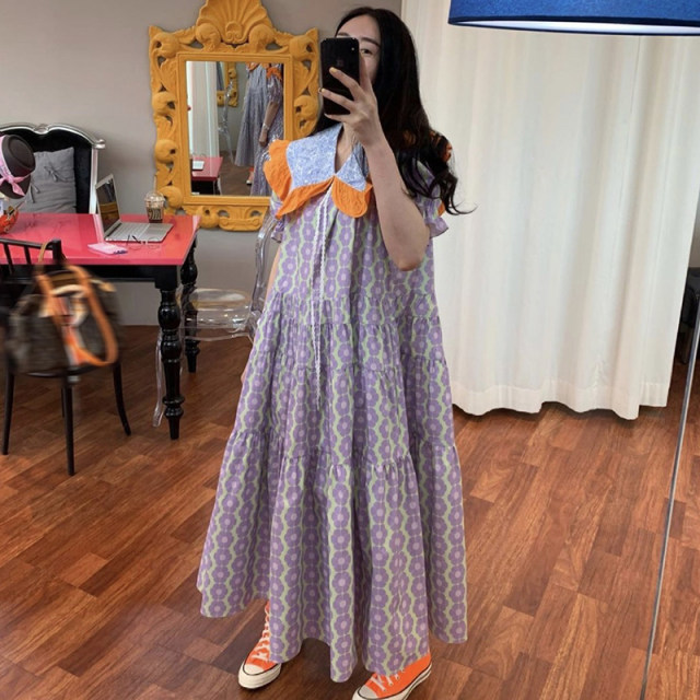 Korean chic western style retro large lapel contrast color stitching floral loose puff sleeves large swing dress long skirt