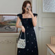 Korean chic summer French retro square collar bow embroidery waist slimming flying sleeves long dress for women
