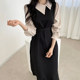 Korean chic early autumn temperament elegant irregular lapel contrast color stitching tie waist puff sleeve dress female