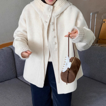 设计感小众拼接针织连帽系带毛呢外套女2025冬季新款宽松纯色上衣