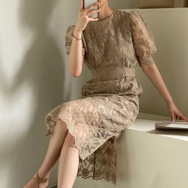 Korean chic summer French round neck heavy industry lace embroidery hook flower high waist knee slit dress long skirt female