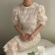 Korean chic summer French round neck heavy industry lace embroidery hook flower high waist knee slit dress long skirt female