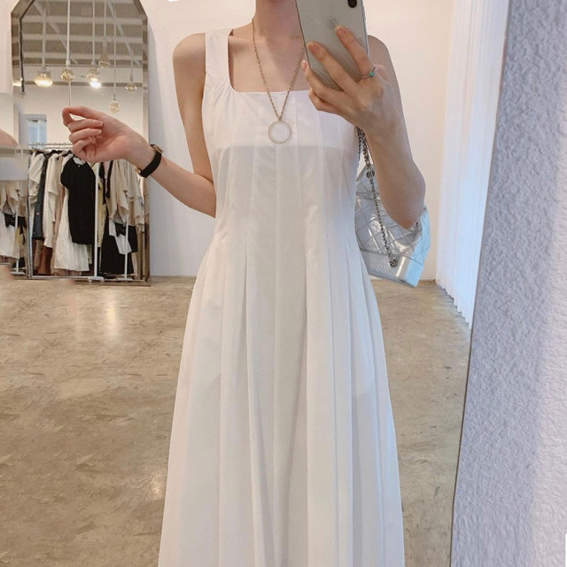 Korean chic elegant temperament simple square collar exposed collarbone waist slimming sleeveless pleated long dress for women