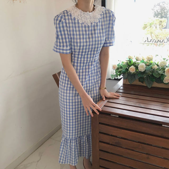 Korean chic summer sweet and elegant lapel lace crochet waist slimming plaid short-sleeved fishtail dress for women