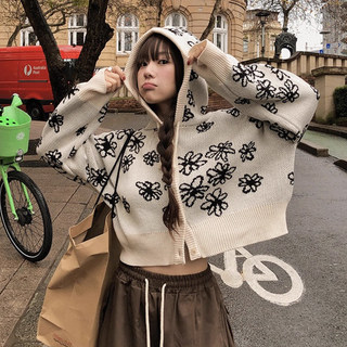 韩国chic秋季新款小众设计感花朵提花宽松长袖连帽针织开衫外套女