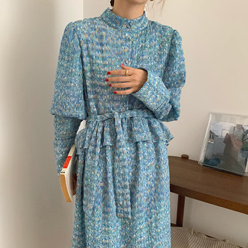 Korean chic spring temperament rainbow floral single-breasted lotus leaf lace waist over-knee long-sleeved dress women