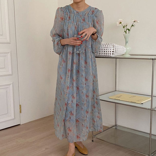 Korean chic autumn French gentle round neck pleated design loose casual long-sleeved floral chiffon dress