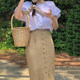 Korean chic summer niche simple round neck loose puff sleeve shirt + high waist single breasted hip skirt