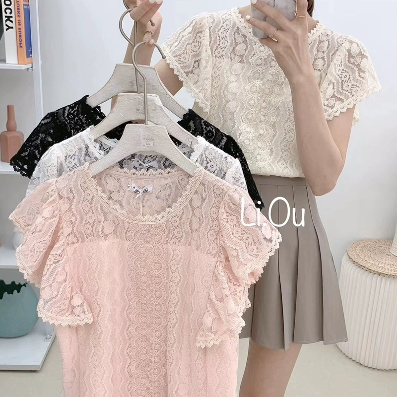 Rất cổ tích khí chất áo ren áo sơ mi voan của phụ nữ mùa hè 2021 mới rỗng thời trang Hàn Quốc áo vest móc - Áo sơ mi chiffon ren